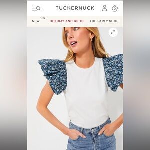 NEW W TAGS - tuckernuck - hyacinth house XS T-shirt. White+blue, puff sleeves.
